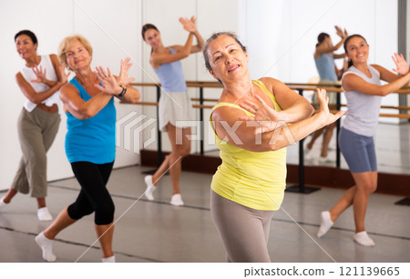 Women dancing together in studio 121139665