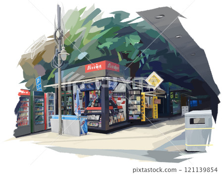 Street view of a row of city kiosks Street view of a row of city kiosks 121139854