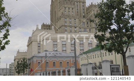 MOSCOW, RUSSIA - JULE 27 2022: The main building of Ministry of Foreign Affairs is one of the famous seven skyscrapers, built in Stalinist style, on Jule 27, 2022 in Moscow, Russi MOSCOW, RUSSIA - JULE 27 2022: The main building of Ministry of Foreign Affairs is one of the famous seven skyscrapers, built in Stalinist style, on Jule 27, 2022 in Moscow, Russi 121140543