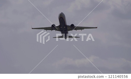 MOSCOW , RUSSIA, June 10, 2019: The Commercial passenger airplane flying overhead on sunny day on June 10, 2019 in Moscow, Russia MOSCOW , RUSSIA, June 10, 2019: The Commercial passenger airplane flying overhead on sunny day on June 10, 2019 in Moscow, Russia 121140556