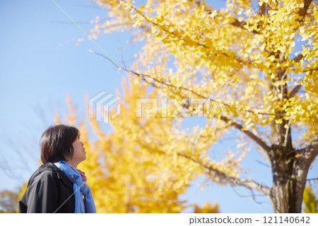 冬季黃銀杏葉風景與中年婦女公園散步的身影 冬季黃銀杏葉風景與中年婦女公園散步的身影 121140642