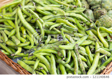 Bunch of green peas lies in vegetable shop Bunch of green peas lies in vegetable shop 121140646