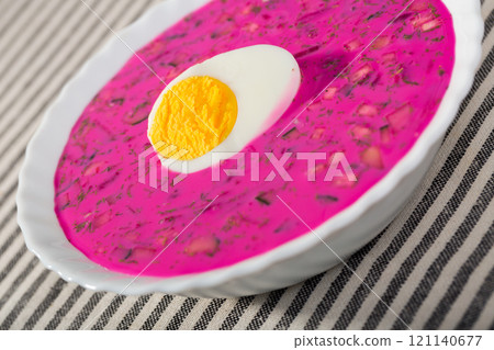 Plate with cold borscht is refreshing dish Plate with cold borscht is refreshing dish 121140677