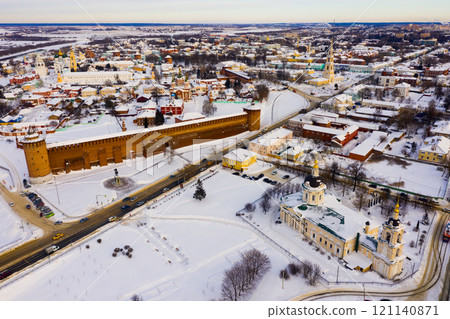 Winter aerial view of Kolomna city with ancient Kremlin 121140871