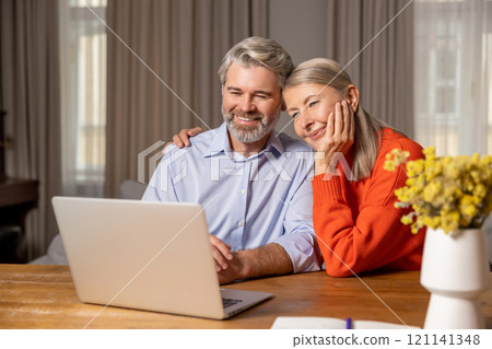 Smiling mature couple having a video call and looking involved Smiling mature couple having a video call and looking involved 121141348
