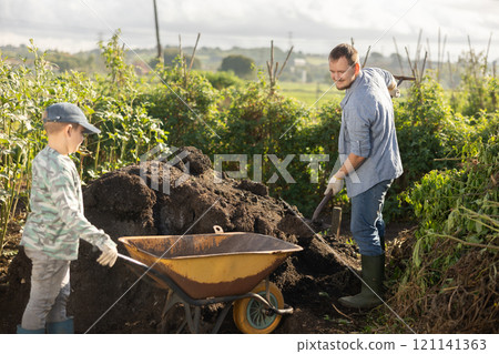 Young man and boy putting soil in wheelbarrow Young man and boy putting soil in wheelbarrow 121141363