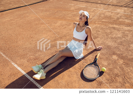 Female tennis player with a racket in hands resting on the tennis courts Female tennis player with a racket in hands resting on the tennis courts 121141603