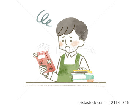 一個穿著圍裙的男人拿著一本有刮痕和污漬的書，表情困擾 — 水彩 121141846