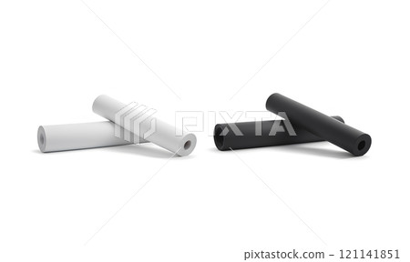 Blank black and white rolled yoga mat mockup, half-turned view. 121141851