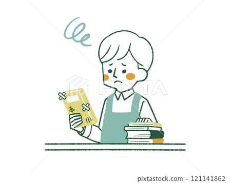 穿著圍裙的男人拿著一本有刮痕和污垢的書,表情困擾 — 4 種顏色 穿著圍裙的男人拿著一本有刮痕和污垢的書,表情困擾 — 4 種顏色 121141862