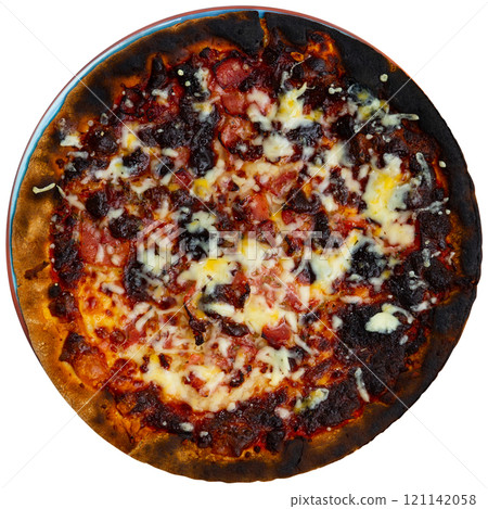 Pizza with meat and tomatoes Pizza with meat and tomatoes 121142058
