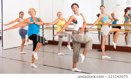 Modern active females dancing excited posing in studio Modern active females dancing excited posing in studio 121142075