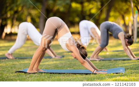 Yoga lesson visitors with coach perform Adho Mukha Svanasana in park Yoga lesson visitors with coach perform Adho Mukha Svanasana in park 121142103