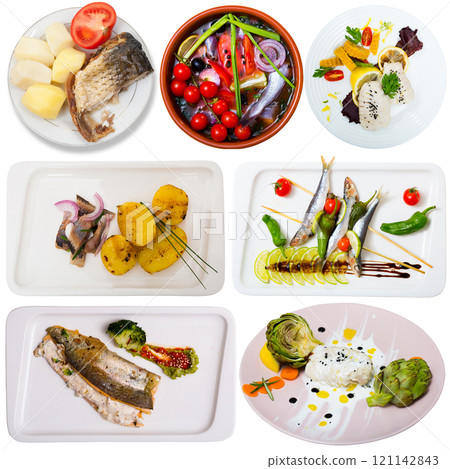 Dishes with different fish at plates isolated on white background 121142843