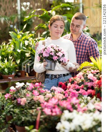 Couple man and woman choosing azalea in flower shop 121142856