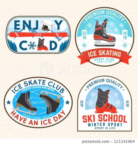 Set of ski and Ice Skate sport retro badge, textile patch. Vector shirt, print, seal or stamp with ski glasses, ski, mountain, skate, skates blades and helmet. Family vacation, activity or travel. Set of ski and Ice Skate sport retro badge, textile patch. Vector shirt, print, seal or stamp with ski glasses, ski, mountain, skate, skates blades and helmet. Family vacation, activity or travel. 121142864