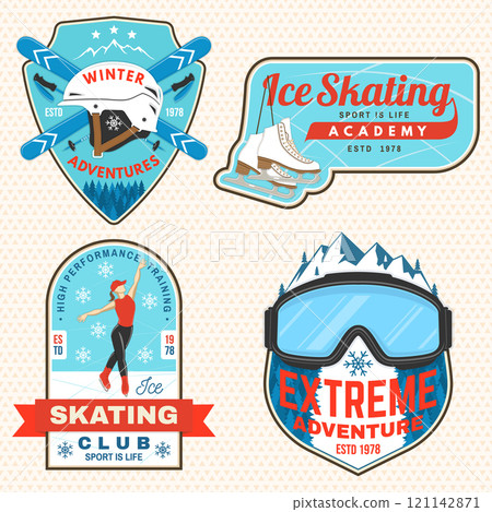 Set of ski and Ice Skate sport retro badge, textile patch. Vector shirt, print, seal or stamp with ski glasses, mountain, skate, skates blades and helmet. Family vacation, activity or travel. 121142871