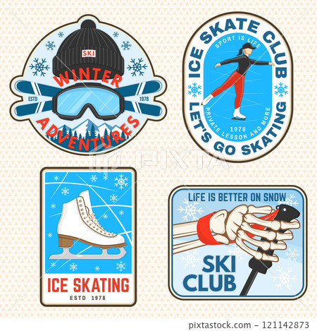 Set of ski and Ice Skate sport retro badge, textile patch. Vector shirt, print, seal or stamp with ski glasses, skeleton, winter sport hat, skate, skates blades and helmet. Family vacation, activity 121142873