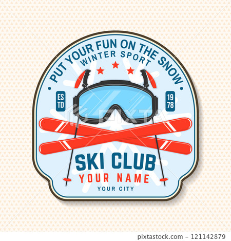 Extreme winter sport. Vector ski club retro badge, textile patch. Concept for shirt, print, seal or stamp with mountain, ski, ski glasses. Family vacation, activity or travel. For logo design, patches Extreme winter sport. Vector ski club retro badge, textile patch. Concept for shirt, print, seal or stamp with mountain, ski, ski glasses. Family vacation, activity or travel. For logo design, patches 121142879