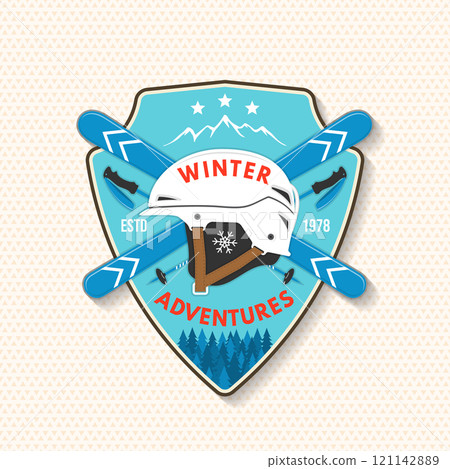 Winter adventures. Vector ski club retro badge, textile patch. Concept for shirt, print, seal or stamp with skis, ski poles, helmet. Family vacation, activity or travel. For logo design, patches Winter adventures. Vector ski club retro badge, textile patch. Concept for shirt, print, seal or stamp with skis, ski poles, helmet. Family vacation, activity or travel. For logo design, patches 121142889