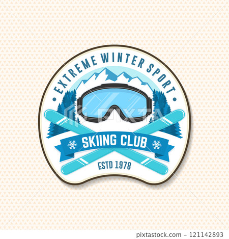 Extreme winter sport. Vector ski club retro badge, textile patch. Concept for shirt, print, seal or stamp with mountain, ski, ski glasses. Family vacation, activity or travel. For logo design, patches 121142893