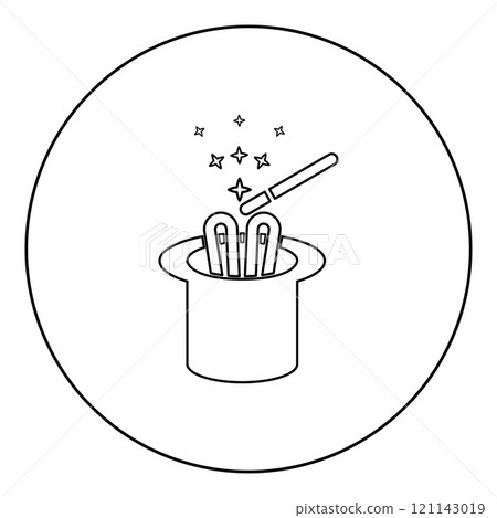 Hare ears in wizard's hat magic wand wizard conjure cylinder bunny rabbit appearing trick concept icon in circle round black color vector illustration image outline contour line thin style Hare ears in wizard's hat magic wand wizard conjure cylinder bunny rabbit appearing trick concept icon in circle round black color vector illustration image outline contour line thin style 121143019