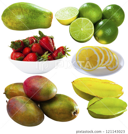 Collage with fruits on white background 121143023