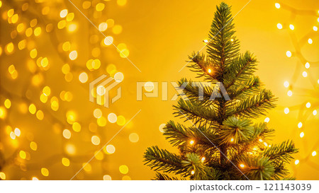 Christmas tree over yellow wall and blurred lights of festive garland 121143039
