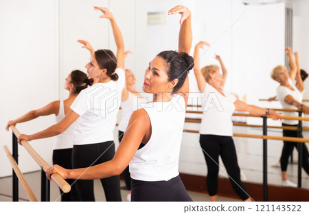 Asian girl training in ballet class with other dancers 121143522