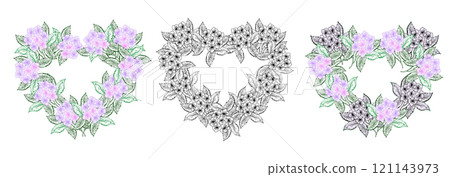 Floral heart frame, hydrangea spring flower for design of card or invitations 121143973