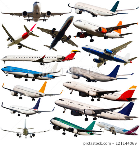 Collage of different passenger airplanes 121144069