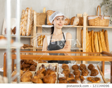 Armenian young woman work selling in family bakery shop 121144096