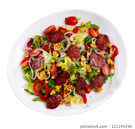 Salad with chorizo, corn and peppers 121144290