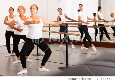 Women exercising ballet moves in training room Women exercising ballet moves in training room 121144350
