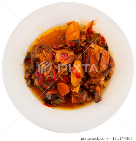 Chicken with stewed vegetables and potatoes Chicken with stewed vegetables and potatoes 121144365