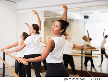 Group of women doing ballet dance moves Group of women doing ballet dance moves 121144418