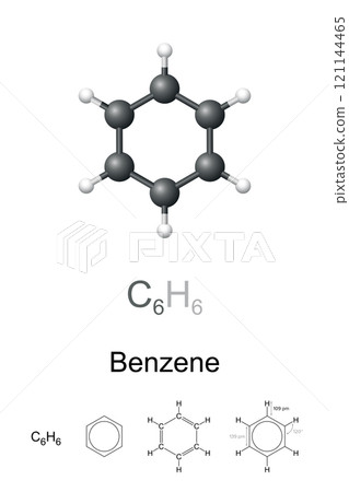 Benzene, benzol, C6H6, molecule model and chemical formula. Organic compound and aromatic hydrocarbon of six carbon atoms joined in a planar hexagonal ring with one hydrogen atom attached to each. Benzene, benzol, C6H6, molecule model and chemical formula. Organic compound and aromatic hydrocarbon of six carbon atoms joined in a planar hexagonal ring with one hydrogen atom attached to each. 121144465