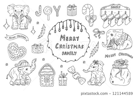 A cute Christmas set of hand-drawn illustrations for the new year, children, family holiday, animal characters, postcard. vector illustration 121144589