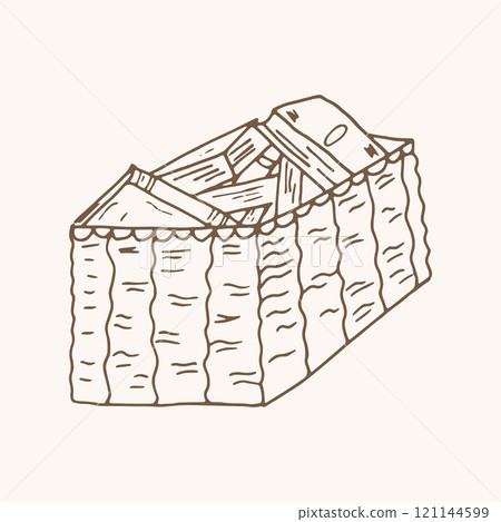 A wicker box with books for charity, donations, a gift on book day. The hand-drawn illustration is contoured, for design. A wicker box with books for charity, donations, a gift on book day. The hand-drawn illustration is contoured, for design. 121144599