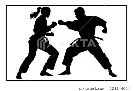Fight between karate woman and man fighters in kimono and black belt, kick in action vector illustration 121144694