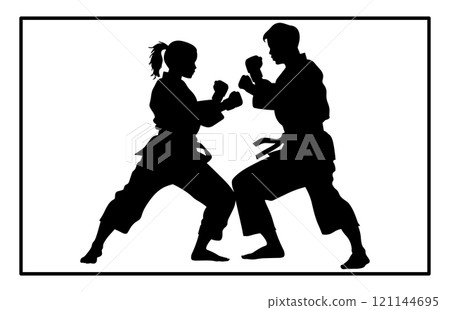 Fight between karate woman and man fighters in kimono and black belt, kick in action vector illustration 121144695