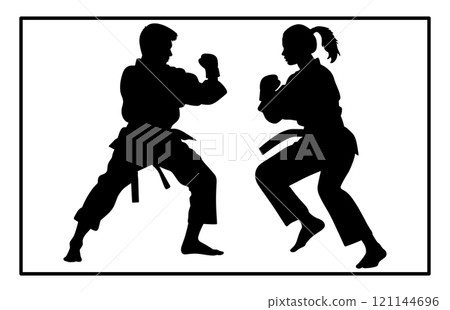 Fight between karate woman and man fighters in kimono and black belt, kick in action vector illustration Fight between karate woman and man fighters in kimono and black belt, kick in action vector illustration 121144696