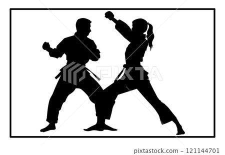 Fight between karate woman and man fighters in kimono and black belt, kick in action vector illustration Fight between karate woman and man fighters in kimono and black belt, kick in action vector illustration 121144701