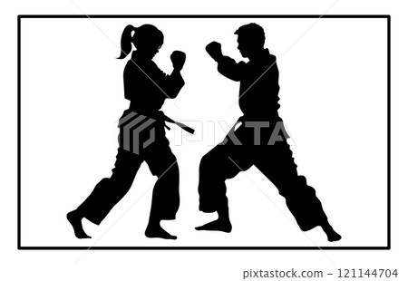 Fight between karate woman and man fighters in kimono and black belt, kick in action vector illustration 121144704