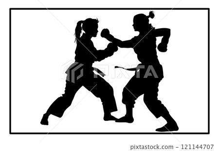Fight between karate woman and man fighters in kimono and black belt, kick in action vector illustration Fight between karate woman and man fighters in kimono and black belt, kick in action vector illustration 121144707