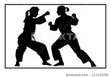 Fight between karate woman and man fighters in kimono and black belt, kick in action vector illustration Fight between karate woman and man fighters in kimono and black belt, kick in action vector illustration 121144708