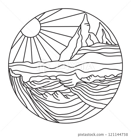 line drawing of landscape with sun, water and mountains 121144738