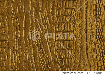 Crocodile genuine leather texture macro, yellow leatherette with metallic, pearlescent effect 121144804