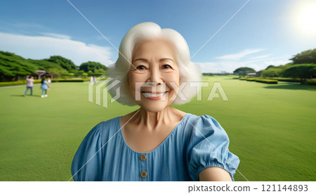 一位70歲的老奶奶穿著藍色衣服,微笑著 一位70歲的老奶奶穿著藍色衣服,微笑著 121144893