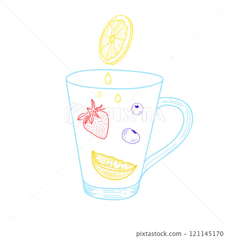 Healthy drink and food in one glass: strawberries, blueberries, lemon slices, and drops of lemon juice 121145170